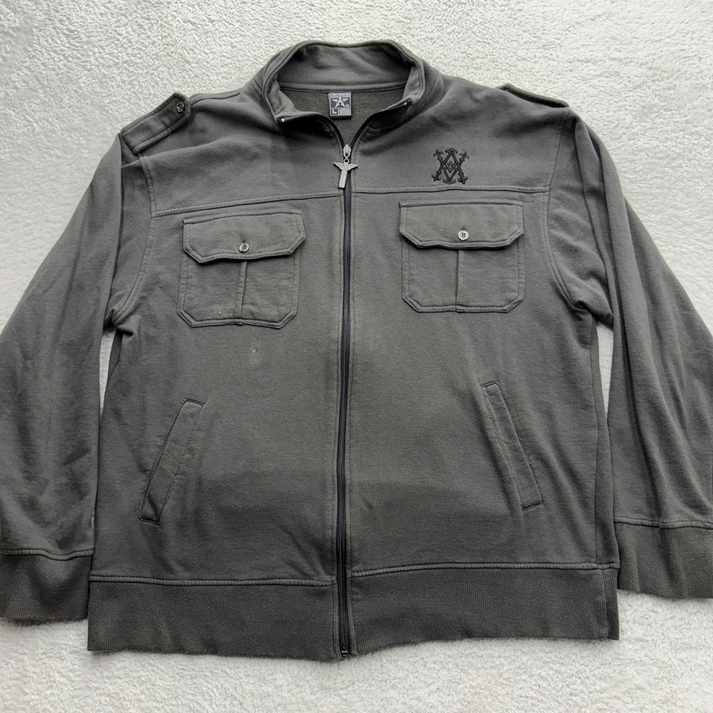 Avirex Mens Military Full Zip Sweatshirt Jacket Gray L Epaulettes Cargo Pockets